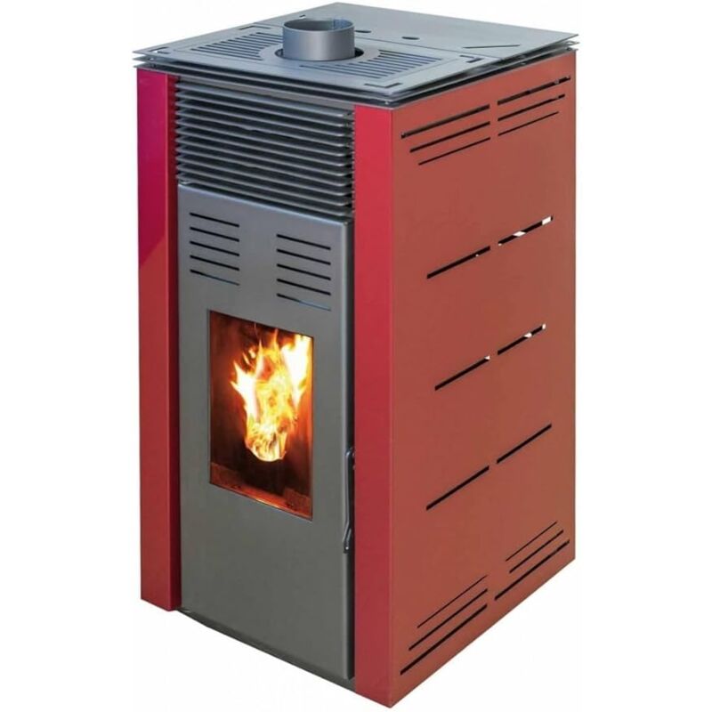 JOIMA - Poêle à pellets sans électricité modèle NATUR STYLE 8 kW. Il fonctionne sans connexion au réseau électrique. Couleur Bordeaux