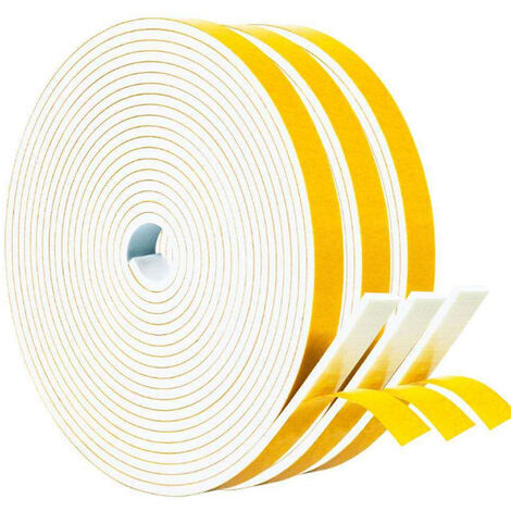 Joint Adhésif Fenêtre Porte 3 Rouleaux 2000mm x 30mm x 10m Joint en bande d'Isolation Phonique Joint Calfeutrage en Caoutchouc Anti froid Multiusage Antidérapant -Mousse blanc film jaune
