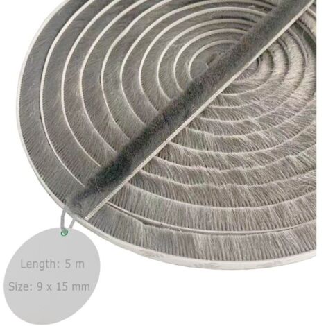 Joint Brosse Porte, 5 M(L) x 9 mm(B) x 15 mm(D), Gris, Joint Fenetrepour Lsolation Phonique Porte, Joint Brosse Adhesif, Joint Brosse Porte Coulissante, Joint Brosse Moustiquaire