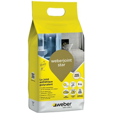 WEBER SAINT GOBAIN Joint carrelage hydrofugé décoratif, Beige Pierre, 5 kg, spécial intérieur et extérieur,Mortier, largeur 2 à 10mm, WEBERJOINT STAR, WEBER