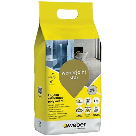 WEBER SAINT GOBAIN Mortier joint carrelage décoratif hydrofugé, spécial intérieur et extérieur, largeur 2 à 10mm, 5kg, gris beton, WEBERJOINT STAR, WEBER