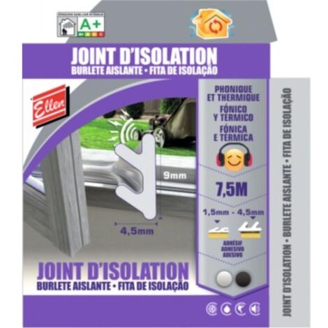 Joint d'isolation pour menuiserie – Élastomère thermoplastique – Largeur 9 mm – Longueur 7,5 m – Espaces de 1,5 à 4,5 mm – Ellen