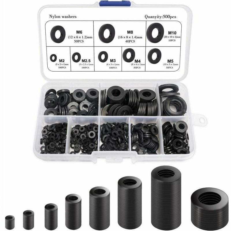 Trimec - Joint en nylon, rondelle d'entretoise ronde de rondelle plate noire de 500PCS compatible avec M2 M2.5 M3 M4 M5 M6 M8 M10