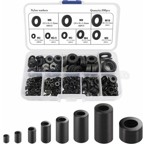 Joint en nylon, rondelle d'entretoise ronde de rondelle plate noire de 500PCS compatible avec M2 M2.5 M3 M4 M5 M6 M8 M10