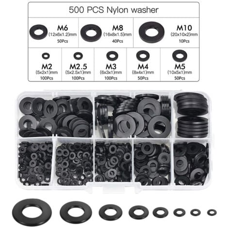 Joint en nylon, rondelle d'entretoise ronde de rondelle plate noire de 500PCS compatible avec M2 M2.5 M3 M4 M5 M6 M8 M10