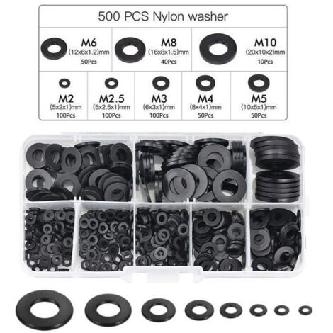 Joint en nylon, rondelle d'entretoise ronde de rondelle plate noire de 500PCS compatible avec M2 M2.5 M3 M4 M5 M6 M8 M10