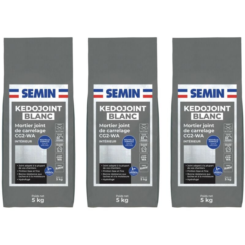 Joint en Poudre Blanc pour Carrelage Semin Kedojoint Blanc, Intérieur, sac de 5 kg, lot de 3