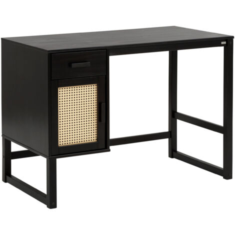 Jolene-Bureau avec 1 Porte et 1 Tiroir en Pin et rotin Espresso