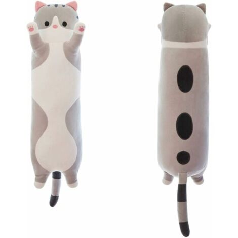 Joli chat en peluche poupée mignon dessin animé doux chaton en peluche oreiller long jeter oreiller de couchage poupée jouet cadeau pour enfants petite amie (gris, 50 cm/19.6in)
