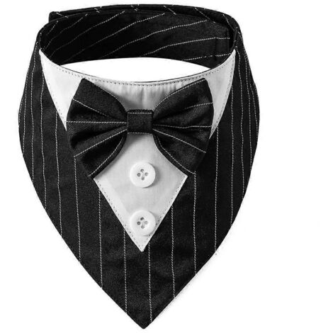Joli collier chat nœud papillon réglable, grand nœud costume noir rayé, taille L, accessoire élégant pour chat.