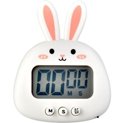 Joli minuteur de cuisine en forme de lapin - Grand écran - Numérique - Chronomètre magnétique avec horloge, compte à rebours - Mini minuterie de cuisson (sans batterie) - Blanc