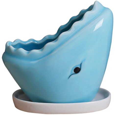 Joli pot de succulente requin avec plateau de drainage, céramique pour cactus, fleur, bonsaï, contenant animal décoratif pour plantes d'intérieur.