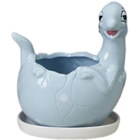 Joli pot en céramique dinosaure pour plantes succulentes, avec drainage, bleu clair, idéal pour cactus et fleurs.