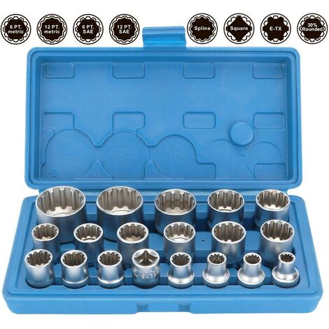 JOMAFA JUEGO DE LLAVES DE VASOS INSERTABLES GEAR LOCK - VASOS UNIVERSALES 1/2" METRICOS 8-32 I TORX, ESTRELLA, HEXAGONALES Y 12 CARAS I 19 PIEZAS