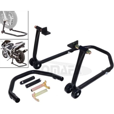 JOMAFA - SOPORTE/ELEVADOR/CABALLETE MOTO 2 EN 1: DELANTERO Y TRASERO + ADAPTADORES UNIVERSALES PARA MOTOCICLETA