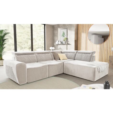 Jona - Modernes Ecksofa mit Schlaffunktion und Bettkasten aus Beige Samt-Stoff schöner Sitzkomfort und verstellbare Kopfstützen