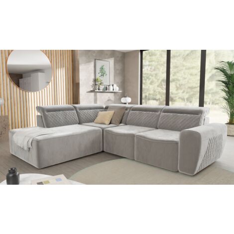 Jona - Modernes Ecksofa mit Schlaffunktion und Bettkasten aus Grau Samt-Stoff schöner Sitzkomfort und verstellbare Kopfstützen