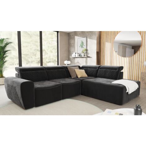 Jona - Modernes Ecksofa mit Schlaffunktion und Bettkasten aus Schwarz Samt-Stoff schöner Sitzkomfort und verstellbare Kopfstützen