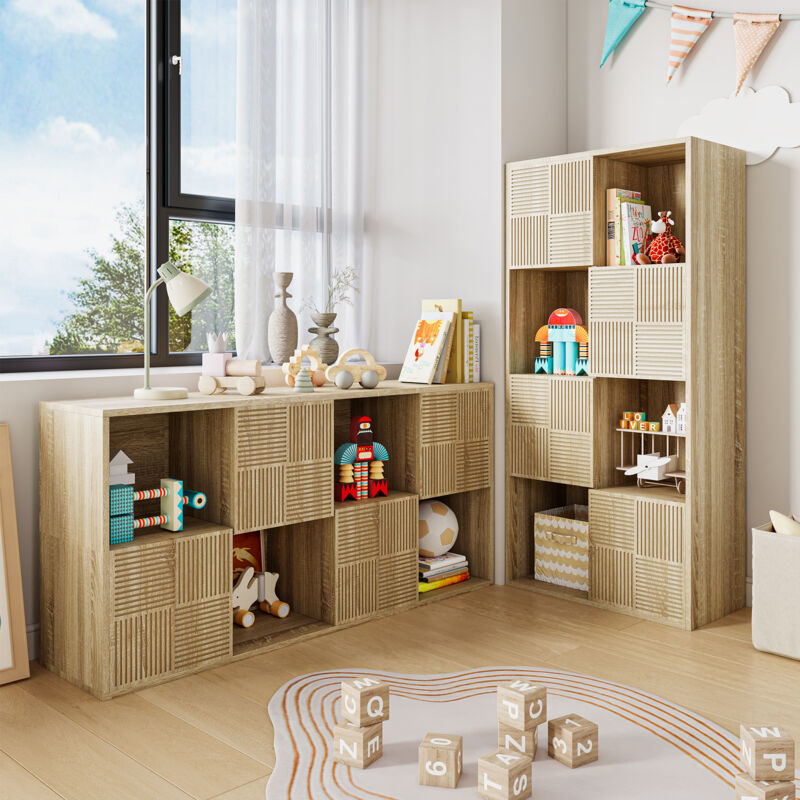 JOOKGBD- Bibliothèque, étagère avec 4 compartiments ouverts et 4 portes, armoire de rangement, vitrine, bibliothèque enfant, rangement jouets pour
