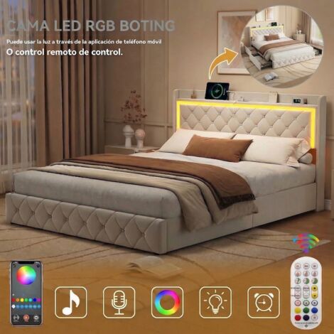JOOKGBD - Cama Doble 140x190 cm, Cama Tapizada, Cama Juvenil, con LED, Almacenaje, 4 Cajones, USB Tipo C y Cabecero, Somier, Terciopelo, Beige, Sin Colchón