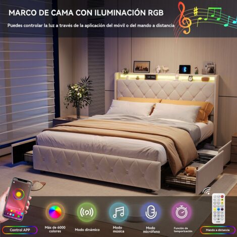 JOOKGBD - Cama Doble 160x200 cm Acolchada con LED, 2 Cajones, USB y Somier de Láminas, Cama Juvenil con Almacenaje, Terciopelo, Beige, Sin Colchón