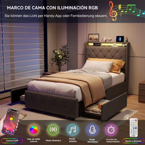 JOOKGBD-Cama Individual 90x200 cm Acolchada con LED, 2 Cajones, USB y Somier de Láminas, Cama Juvenil con Almacenaje, Terciopelo, Gris, Sin Colchón