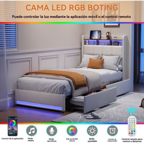 JOOKGBD - Cama Individual 90x200 cm Tapizada con LED, Almacenaje, 2 Cajones, USB Tipo C y Cabecero, Estructura con Somier, Cama Juvenil, Lino, Beige, Sin Colchón