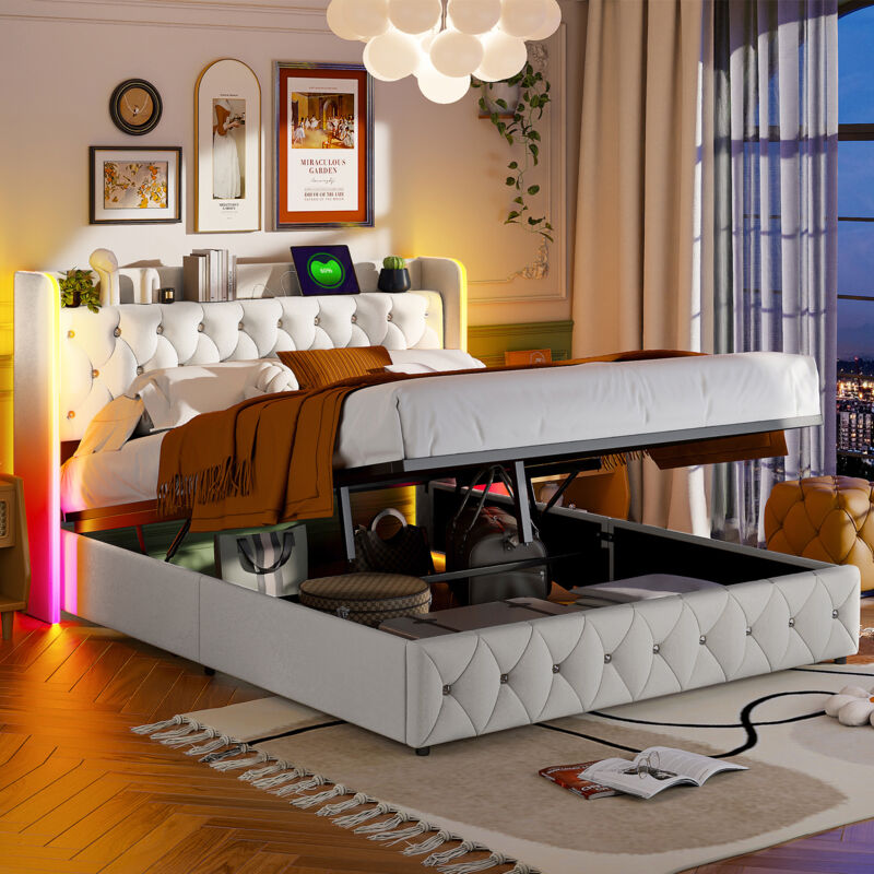 JOOKGBD-Lit Coffre 160x200 cm avec éclairage LED et Charge USB, Lit Double Rembourré 140x200 cm avec Rangement et Tete de lit,lit adolescent,Lits