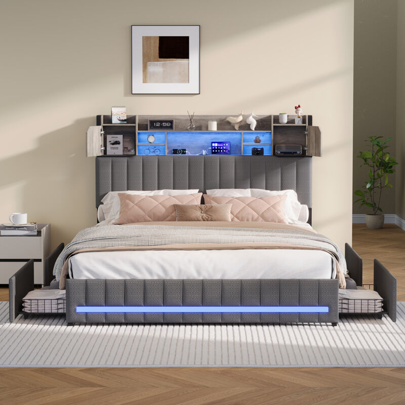 JOOKGBD-Lit Coffre 140x190 cm avec LED et Port USB,Lit Double Rembourré 140x190 cm avec Sommier et Rangement et Tête de lit,lit adolescent,étagères