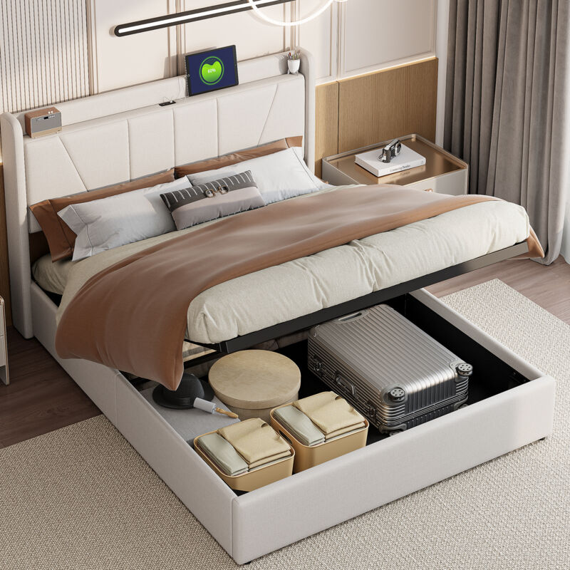 JOOKGBD-Lit Coffre 160x200 cm avec Port USB et Type-c,Lit Double Rembourré avec Sommier et Rangement et Tête de lit,lit adolescent,pour Adulte
