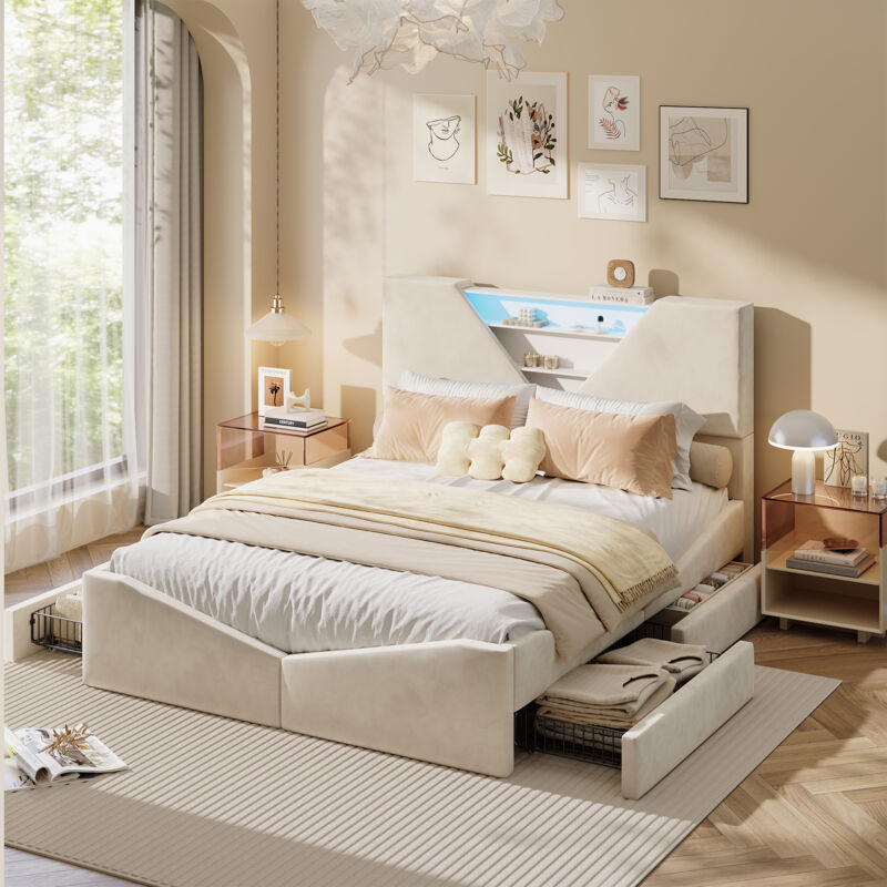 JOOKGBD-Lit Double 140x190 cm,Lit rembourré 140x190 cm avec éclairage LED,Lit pour adolescent avec 4 tiroirs,Lit avec sommier à lattes,lit