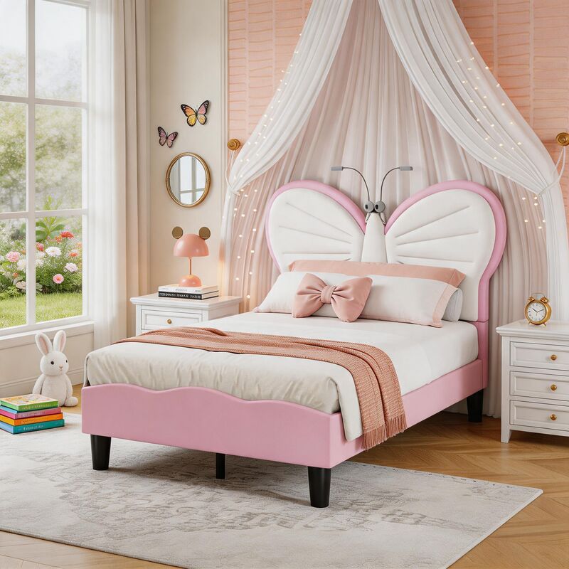 JOOKGBD-Lit Enfant 90x200 cm,Lit Rembourré 90x200 cm avec lumières LED réglables,Lit Simple avec Tête de Lits réglable en Forme de Papillon,Lit