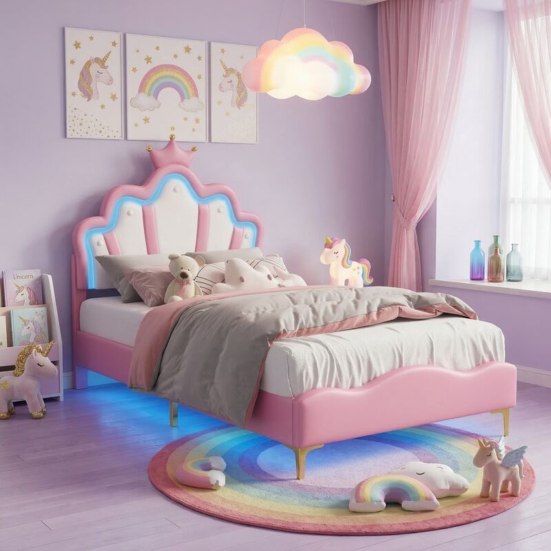 JOOKGBD-Lit Enfant 90x200 cm,Lit Rembourré 90x200 cm avec lumières LED réglables,Lit Simple de Princesse en Forme de Couronne,Lit Adolescent,Sommier
