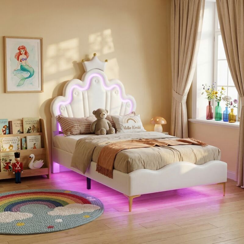 JOOKGBD-Lit Enfant 90x200 cm,Lit Rembourré 90x200 cm avec lumières LED réglables,Lit Simple de Princesse en Forme de Couronne,Lit Adolescent,Sommier
