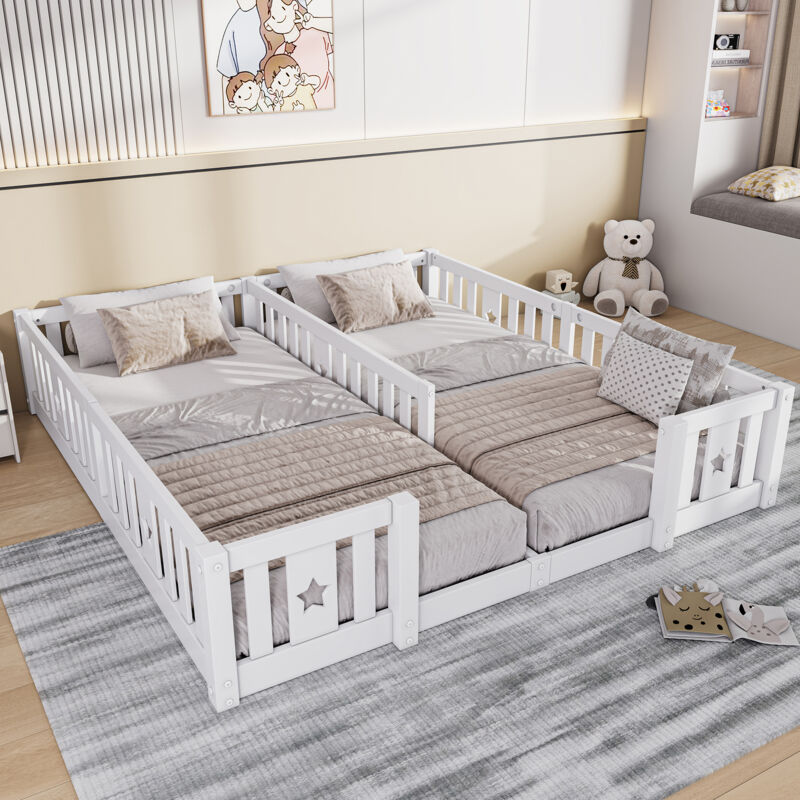JOOKGBD-Lit Enfant Double 180x200 cm en Bois Massif, Lit Barreaux avec Motif Étoiles,Barrières de Sécurité Incluses,290x200 cm,Sommier à Lattes,pour