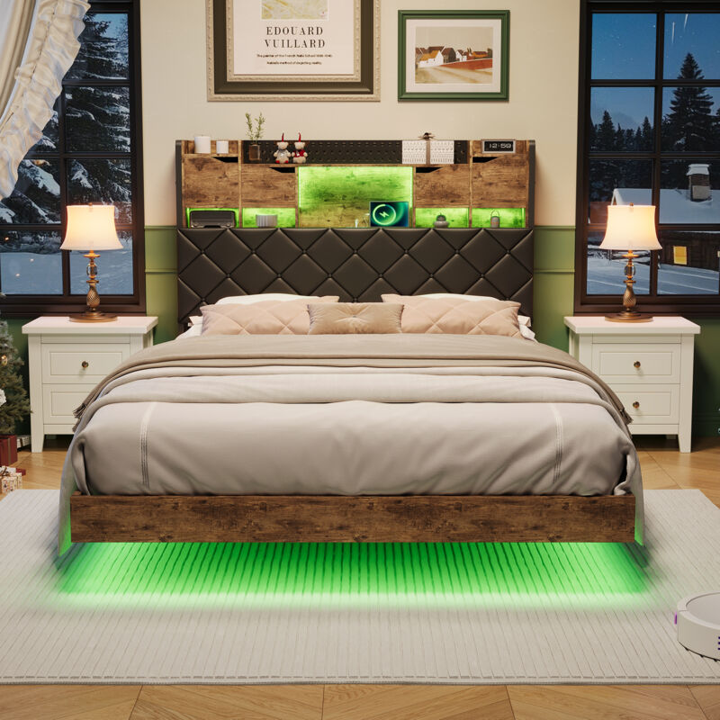 JOOKGBD-Lit 160x200cm,Lit Double Rembourré 160x200cm avec Éclairage LED et USB,Lit Adultes avec Tête de lit Rangement,Lit adolescent,Lit