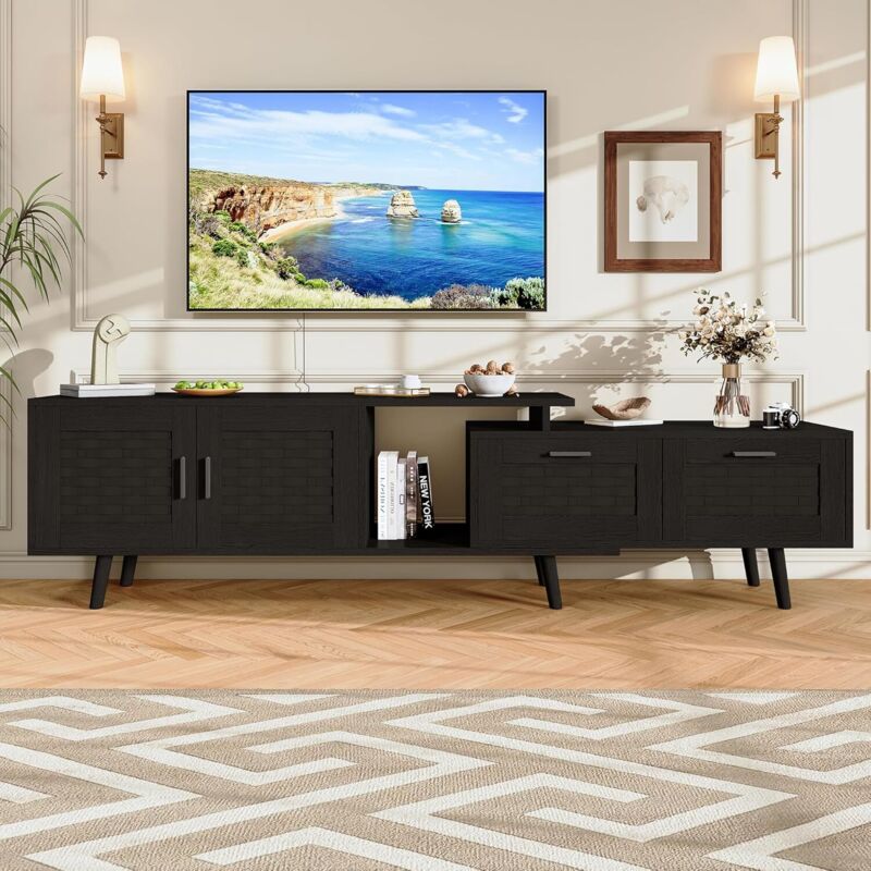 JOOKGBD -Meuble TV 146-180 cm, Longueur Réglable,Banc TV Effet Rotin Cannage pour TV jusqu'à 75 Pouces,avec Tiroirs et Porte,Style Bohème