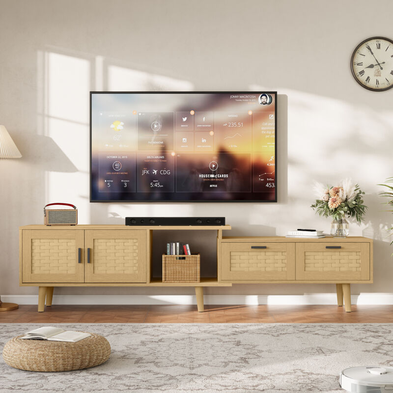 JOOKGBD -Meuble TV 146-180 cm, Longueur Réglable,Banc TV Effet Rotin Cannage pour TV jusqu'à 75 Pouces,avec Tiroirs et Porte,Style Bohème