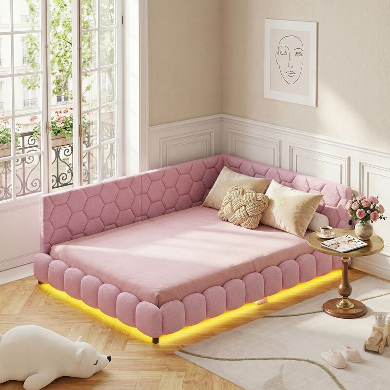 JOOKGBD- Lit double 140x200 cm, Lit tapissier, Canapé-lit avec 16 couleurs LED et prise USB, Lit pour adolescent, Lit de jour pour salon chambre,