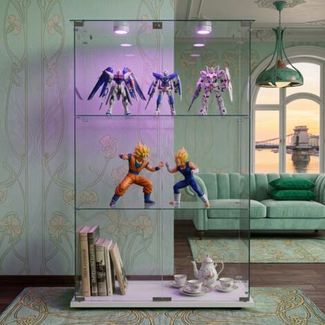 JOOKGBD-Vitrina de Cristal 123x78,5x35 cm con LED, Vitrina para Colecciones con 2 Puertas y 3 Estantes en Vidrio Transparente, Mueble Expositor para Salón Cocina Oficina, Blanco