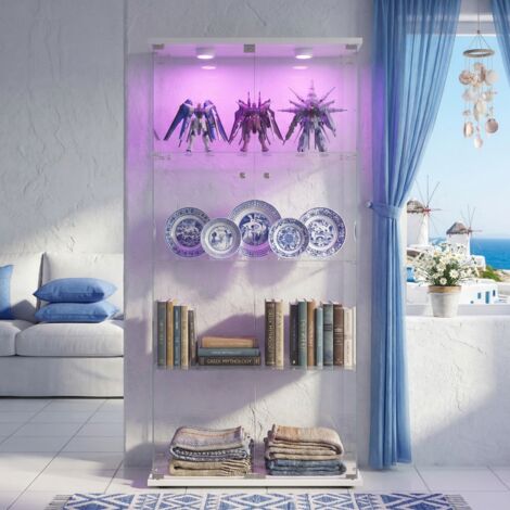 JOOKGBD - Vitrina de Cristal 163x78,5x35 cm con LED, Vitrina para Colecciones, Armario Vitrina para Colecciones con 2 Puertas y 4 Estantes Transparentes, Mueble de Cristal, Blanco