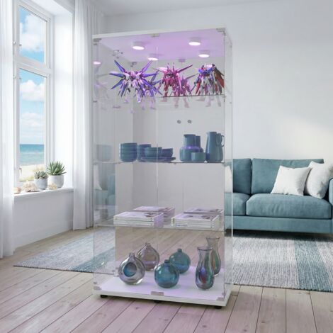 JOOKGBD - Vitrina de Cristal con LED, Vitrina para Colecciones, Armario Vitrina para Colecciones con 2 Puertas y 4 Estantes Transparentes, Efecto Espejo, Mueble de Cristal, Blanco