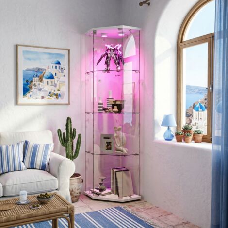 JOOKGBD - Vitrina de Esquina de Cristal con LED, Vitrina para Colecciones, Armario Vitrina para Colecciones con 1 Puerta y 4 Estantes Transparentes, Mueble de Cristal, Blanco