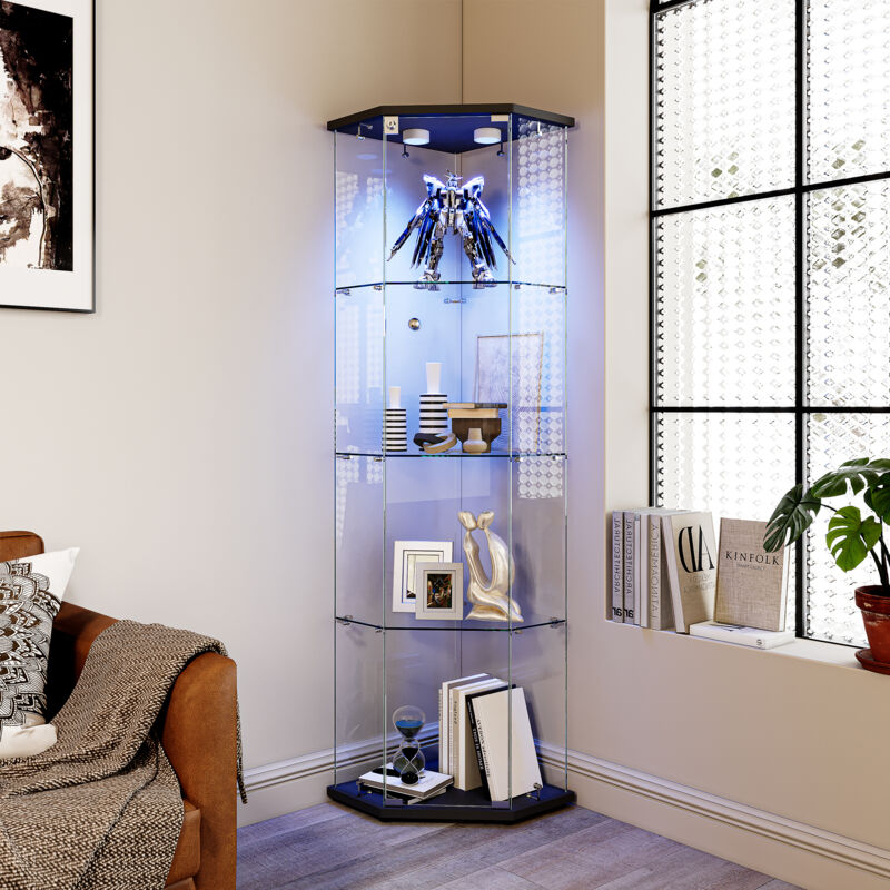 JOOKGBD-Vitrine d'angle en Verre 162x60x40cm avec LED,Vitrine pour Collection,Armoire Vitrine Pour Collection avec 1 Porte 4 étagères