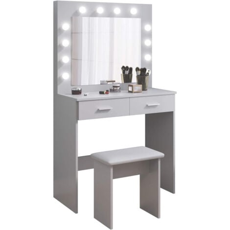 Joolihome Living Coiffeuse avec Miroir et Tabouret LED, Hollywood Style Table de Maquillage avec 2 Grands tiroirs, 80x40x140cm, Gris