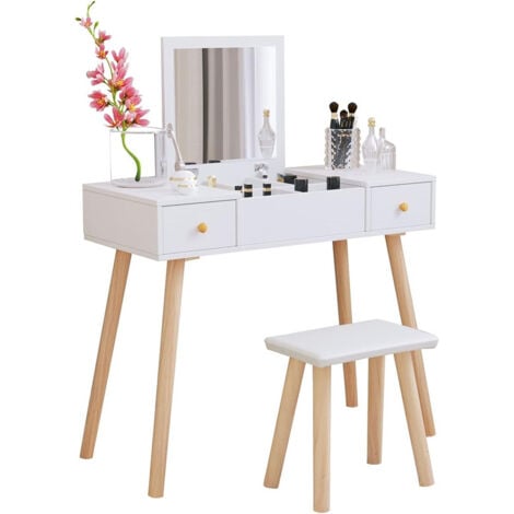 Joolihome Living Coiffeuse avec Miroir Pliable et Tabouret, Table de Maquillage avec 2 Tiroirs 5 Compartiments de Rangement, Style Scandinave, Blanc