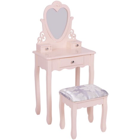 Joolihome Living Coiffeuse Enfant, Table de Maquillage en Bois avec Tabouret Rembourré et Miroir Amovible, 3 Tiroirs, Style Princesse EuropéEnne, 50x30x105cm (Rose)