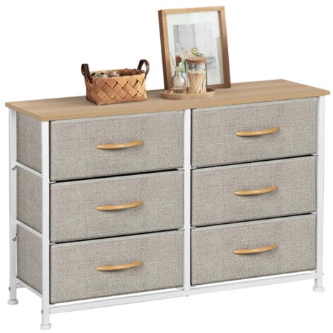 Joolihome Living Commode à 6 tiroirs en tissu, plateau en bois et cadre en métal, armoire de rangement pour chambre à coucher, salon, couloir, 80 x 30 x 65cm, Beige