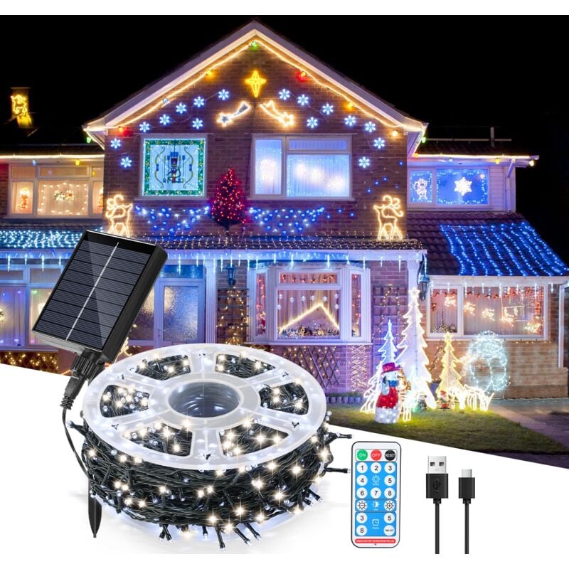 80M 800 led Solaire Guirlande lumineuse Noël IP44 8 modes décoration de fête Extérieur Intérieur Jardin pour Noël anniversaire mariage blanc Froid