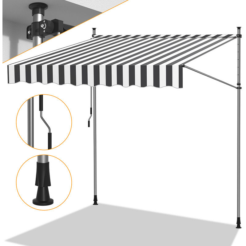 Auvent manuel Auvent rétractable sans perçage 350x120cm Blanc Gris - Jopassy